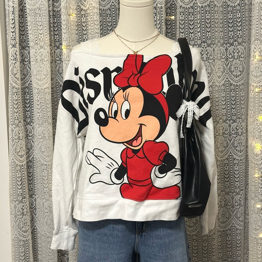 Disneyland Minnie Mouse Spirit Jersey Off The Shoulder Pullover White Sweater
